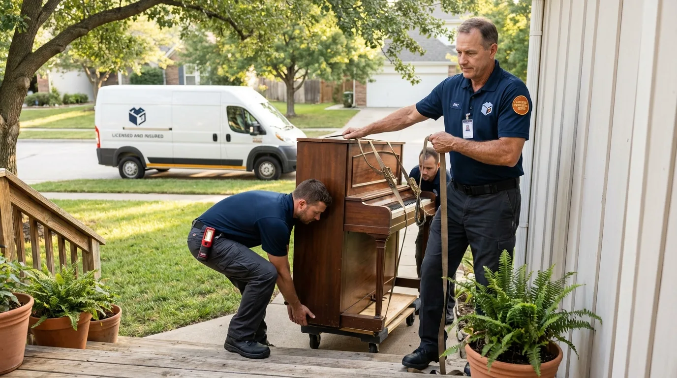Licensed piano movers securing grand piano in Howard Beach, NY