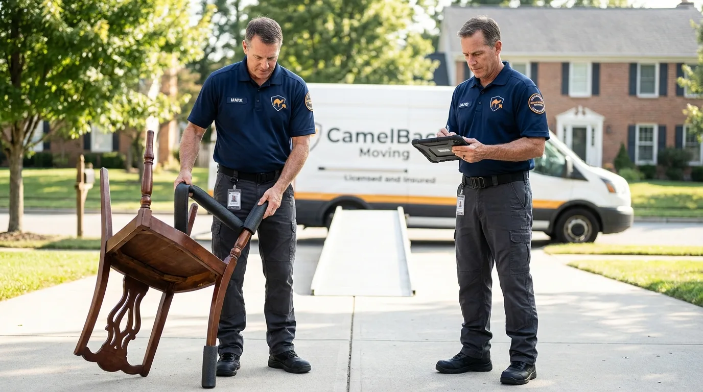 Movers inspecting furniture for damage prevention before loading in Howard Beach, NY