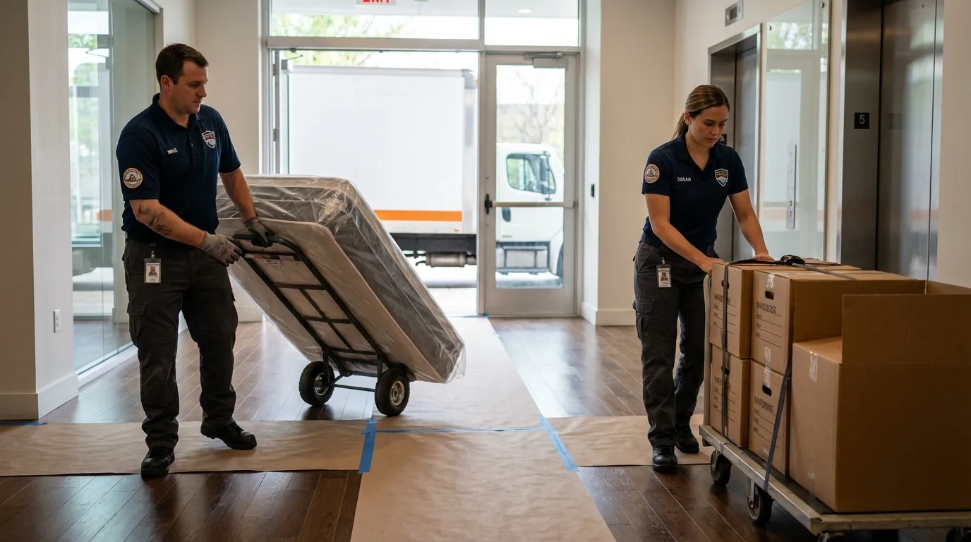 Professional apartment movers loading elevator in Howard Beach, NY