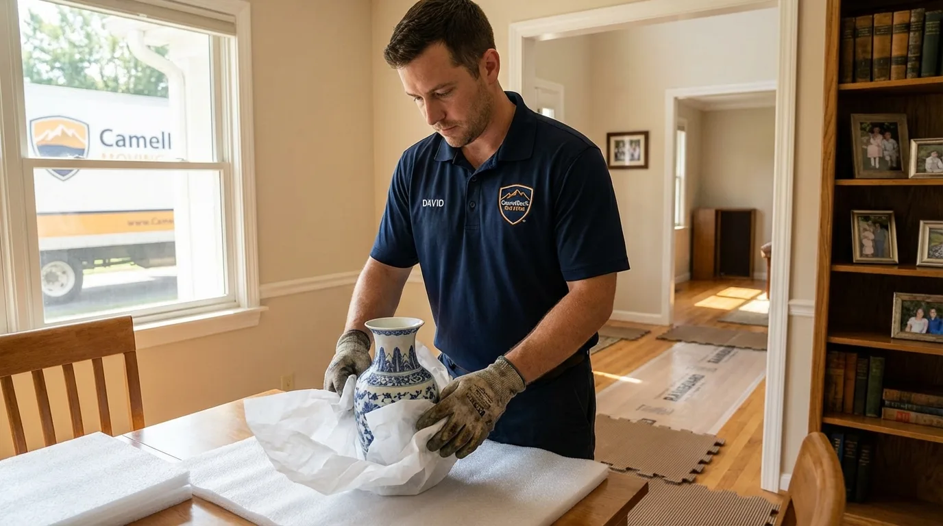 Professional crew carefully wrapping antique vase for senior downsizing move in Howard Beach, NY